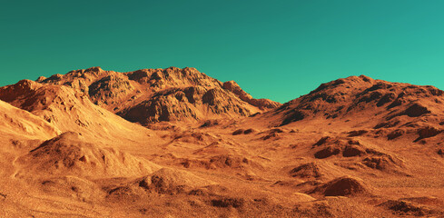 Planet mars illustration, orange red eroded mars surface, science fiction 3D illustration background. © Cobalt