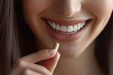 Naklejka premium A smiling woman holding a natural-looking brown beige supplement capsule 