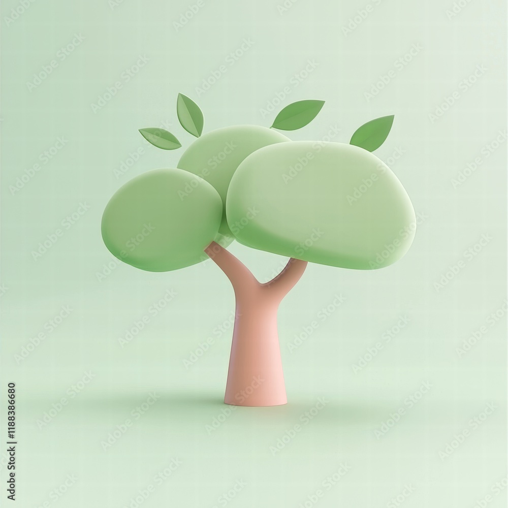 Poster minimalist 3d illustration of a green tree with smooth shapes and soft curves on light background