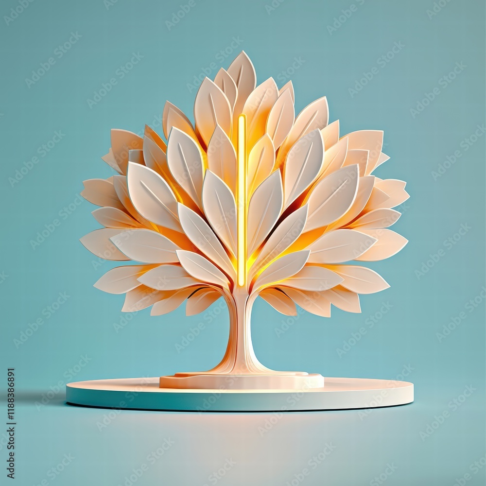 Poster calming 3d tree design with detailed leaves and soft glow on minimalist background