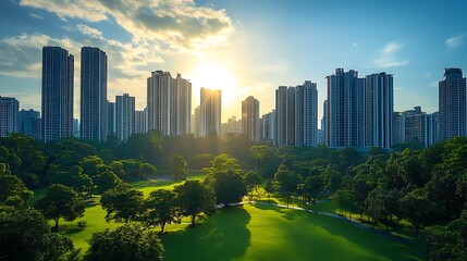 Sunrise over urban skyline with lush green park cityscape nature