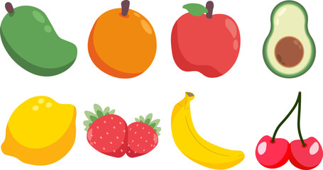 Colorful icons set of fruits and vegetables. Fruit collection in flat hand drawn style, illustrations set. Tropical fruit and graphic design elements. Ingredients color cliparts
