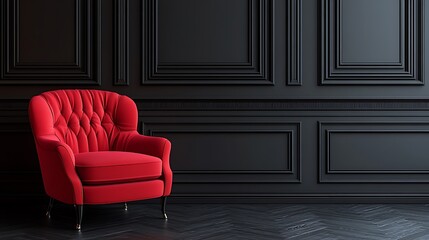 Elegant red chair in modern black room interior design aesthetic view
