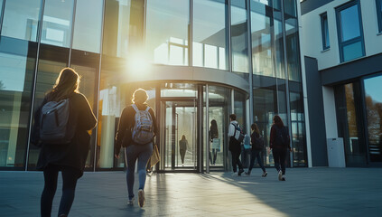 Fototapeta premium A realistic shot of a group of students walking in the entrance area at different times, passing through glass doors and entering a modern university building with tall ceilings