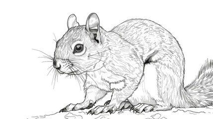 A detailed line drawing of a squirrel in a crouched position.