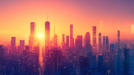 Sunset skyline view over cityscape urban landscape vibrant evening