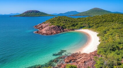 Obraz premium Serene Aerial View of a Tropical Beach with Pure White Sand, Lush Greenery, and Crystal Clear Water Surrounded by Small Islands Under a Bright Blue Sky