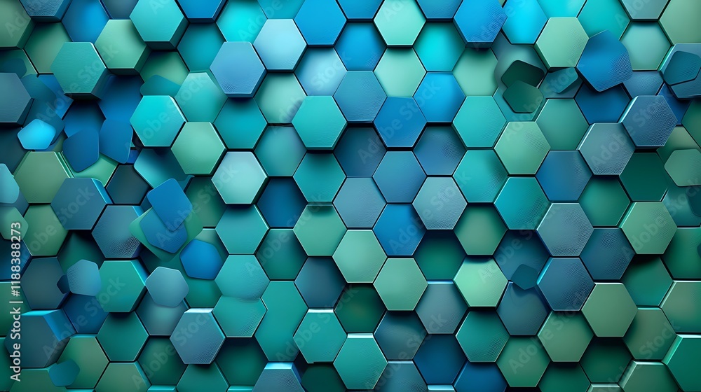 Poster a background featuring interlocking hexagons in varying shades of blue and green, creating a mesmeri