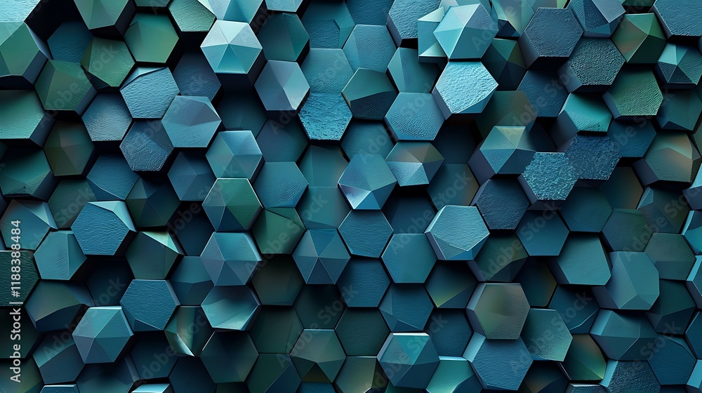 Poster a background featuring interlocking hexagons in varying shades of blue and green, creating a mesmeri