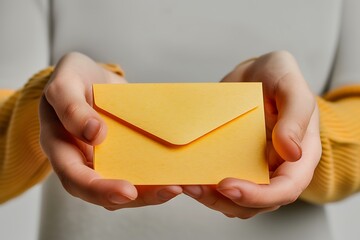 Hands Holding a Bright Yellow Envelope in Natural Light Setting