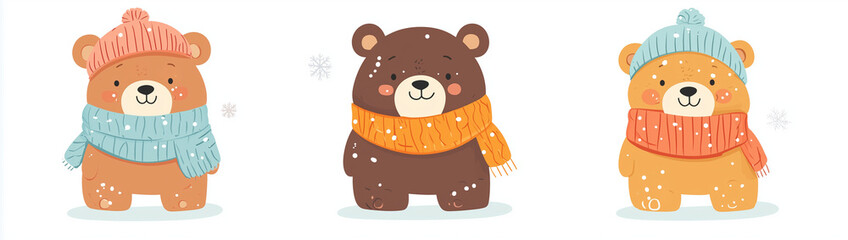Cute bear in different poses, wearing winter with Christmas decorations and flowers on a white background. Vector illustration, flat design style, with simple lines and pastel colors.