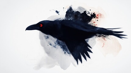 Dark raven in flight against white background. Dramatic bird illustration with red eyes. Abstract style painting with texture, shadow. Mystical, foreboding mood. Suitable for art lovers. Great for