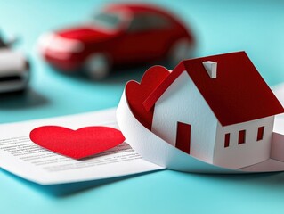 A colorful paper model of a house surrounded by hearts, with toy cars in the background, representing love for home and family.