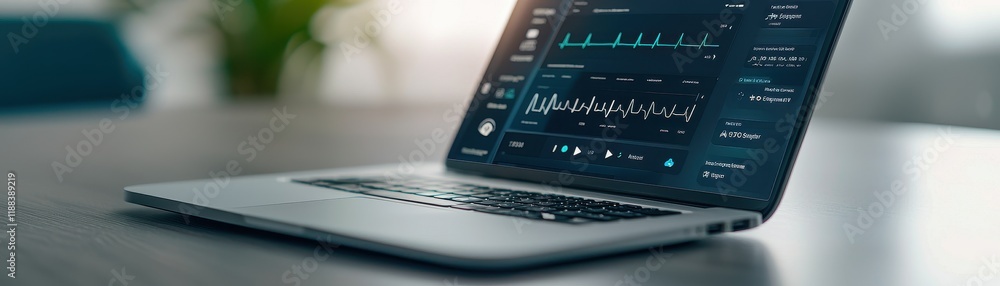 Aufkleber a sleek laptop displaying data analytics on its screen, set on a wooden table with a blurred backgro