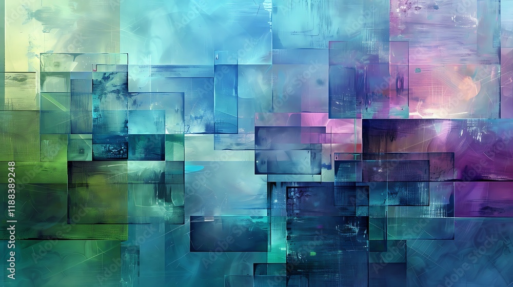 Poster a bold abstract background featuring overlapping squares and rectangles in a harmonious palette of b