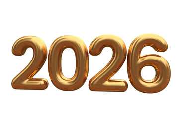3D vector numbers 2026 in a gold color. Design object for New Year greeting cards, advertising banners. Metal numbers are bold and sleek, and with sharp edges. 3D element isolated on white