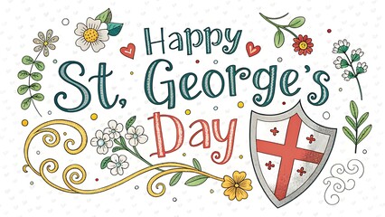 St. George's Day greeting card with creative hand-drawn typography, ornate floral elements, and a shield showcasing England’s cross, ideal for festive celebrations and cultural events