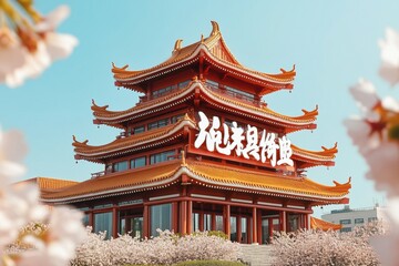 Obraz premium Historic Chinese Pagoda Building with Ornate Roof and Intricate Details