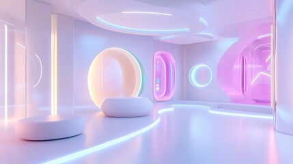 Futuristic white 3D room with neon lighting creates a sleek tech vibe