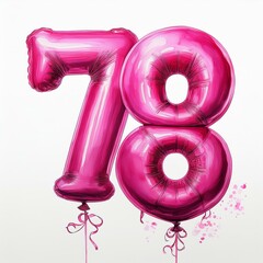 Pink birthday / anniversary party balloon, number 78, watercolor painting with white background