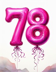 Pink birthday / anniversary party balloon, number 78, watercolor painting with white background