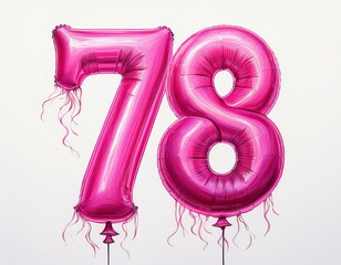Pink birthday / anniversary party balloon, number 78, watercolor painting with white background