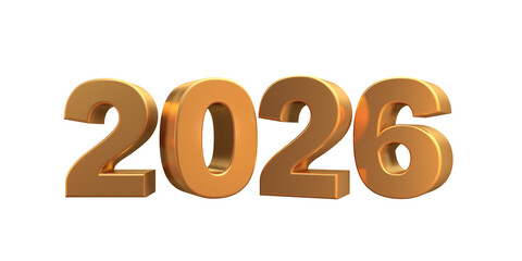 3D vector numbers 2026 in a gold color. Design object for New Year greeting cards, advertising banners. Metal numbers are bold and sleek, and with sharp edges. 3D element isolated on white