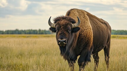 Bison in grassland, staring intensely. Use wildlife, nature documentary.