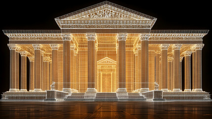 Fototapeta premium Glowing Wireframe Classic Building Night Architectural Design
