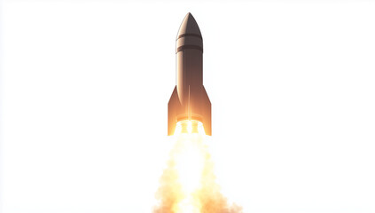 Fototapeta premium 3D cartoon rocket flying upward with smoke, white background, clip art for commercial use, high resolution, clear and sharp image.