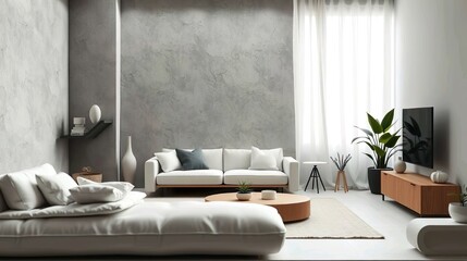 A sleek and modern interior design of a minimalist living room, featuring a neutral color palette of white, gray, and beige with black accents.