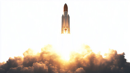 3D cartoon rocket flying upward with smoke, white background, clip art for commercial use, high resolution, clear and sharp image.