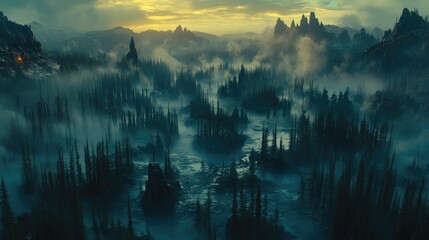 Misty forested mountains at sunrise with dense fog and dramatic peaks