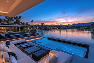 A luxurious house with a poolside balcony overlooking the scenic views of a park and garden