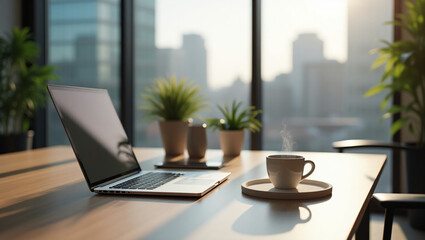 Fototapeta premium The sleek, modern minimalist office workspace features a laptop placed centrally on a polished wooden table, accompanied by a white ceramic coffee cup