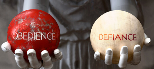 Obedience or Defiance - decide between two options. Greek statue presenting a choice: obedience or defiance, weighing their values. Looking at pros and cons. Presenting possibilities. ,3d illustration