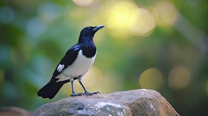 Naklejka premium Magpie perched on rock, forest background, wildlife observation, nature photography.