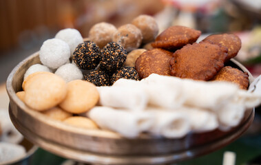 Assamese traditional food displayed at a stall to sell during Magh Bihu or Bhogali Bihu festival.