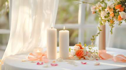 Elegant unity candles on table with flowers and soft drapery, creating romantic atmosphere