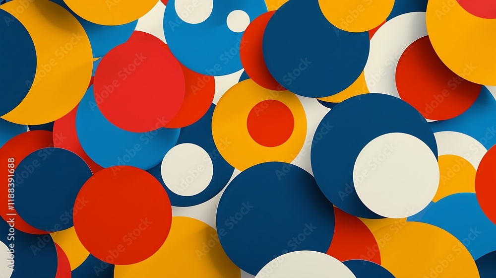 Poster a dynamic abstract background with overlapping circles in bold primary colors, creating a playful an
