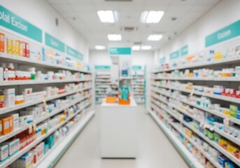 pharmacy blurred abstract background with medicines and healthcare products on shelf