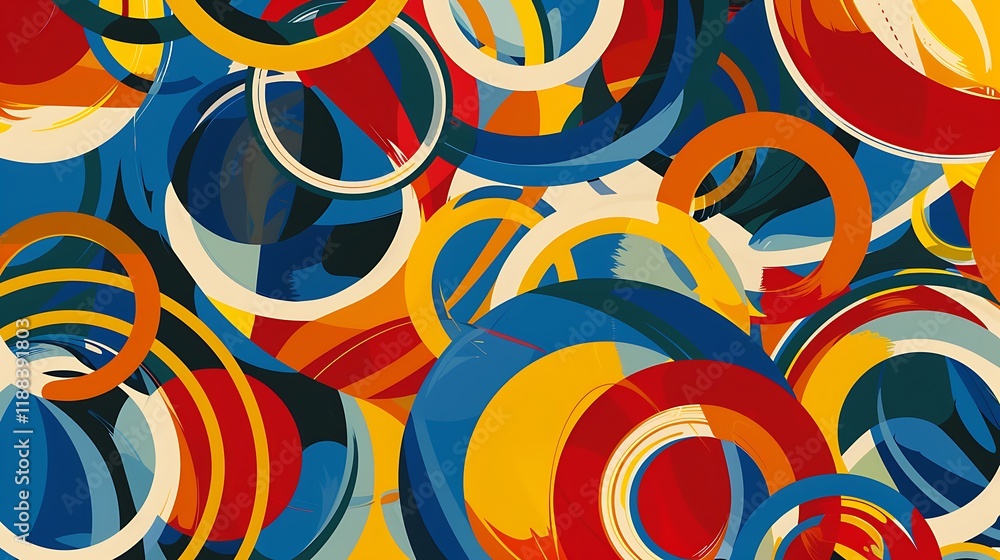 Poster a dynamic abstract background with overlapping circles in bold primary colors, creating a playful an