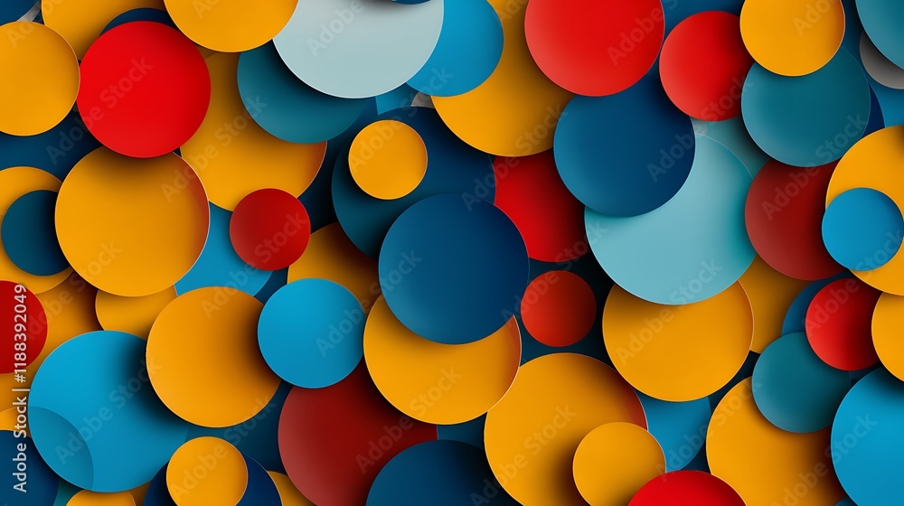 Poster a dynamic abstract background with overlapping circles in bold primary colors, creating a playful an