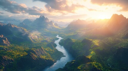 River winding through sunlit mountain valley at sunset.
