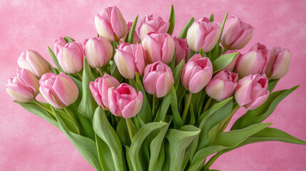 Obraz premium Bouquet of pink tulips on a pink background, showcasing elegant floral arrangements, soft pastel tones, and a romantic, minimalist aesthetic perfect for spring themes and feminine designs