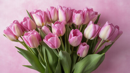 Obraz premium Bouquet of pink tulips on a pink background, showcasing elegant floral arrangements, soft pastel tones, and a romantic, minimalist aesthetic perfect for spring themes and feminine designs