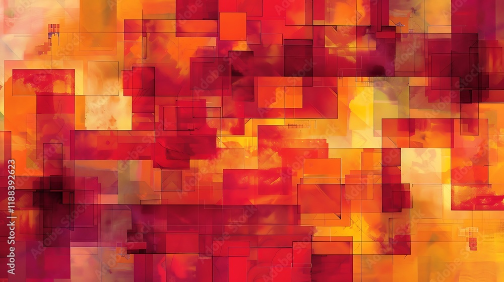 Aufkleber a dynamic geometric pattern of overlapping squares and rectangles in various sizes and shades of red