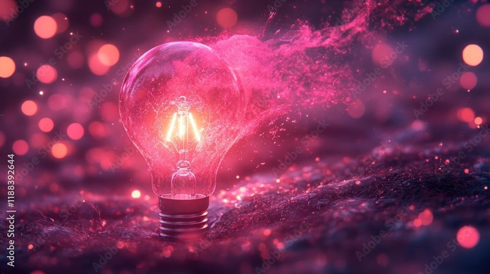 Poster glowing light bulb with pink sparkles in mysterious ambient setting