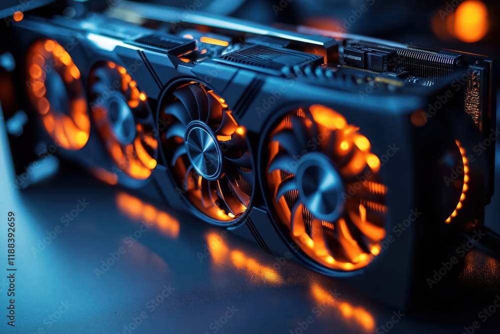 Poster high-tech graphics card with glowing fans. modern tech component for gaming. performance, cooling ke