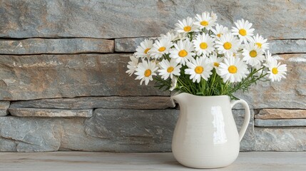 Fototapeta premium A charming white pitcher filled with vibrant daisies against a rustic stone background, creating a serene and inviting atmosphere.